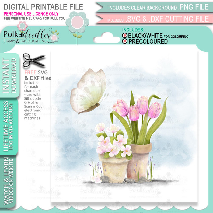 Butterfly Flowerpots - printable digital stamp download, SVG, greeting for card making and craft