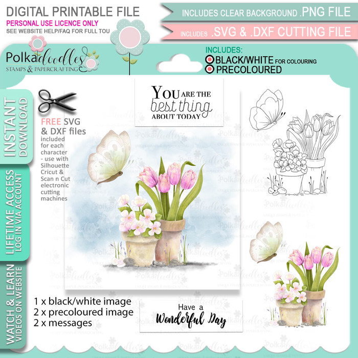 Butterfly Flowerpots - printable digital stamp download, SVG, greeting for card making and craft