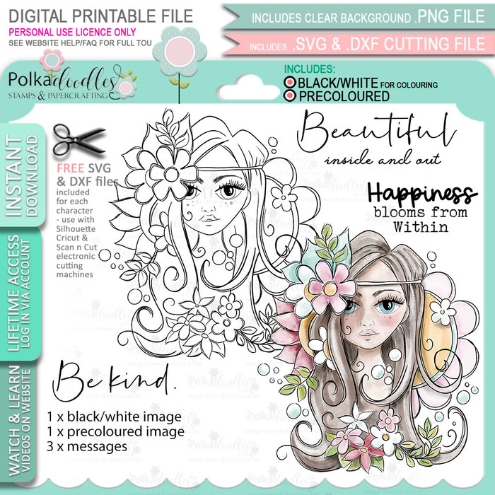 Natures Beauty Girl with flowers in hair - printable digital stamp download, SVG, greeting for card making and craft