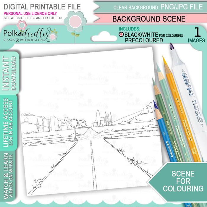 Long Road Scene background for colouring - printable craft digital stamp download