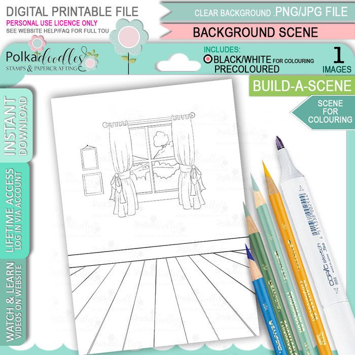 Build A Scene - Room with a view without furniture background for colouring. Printable craft digital stamp download