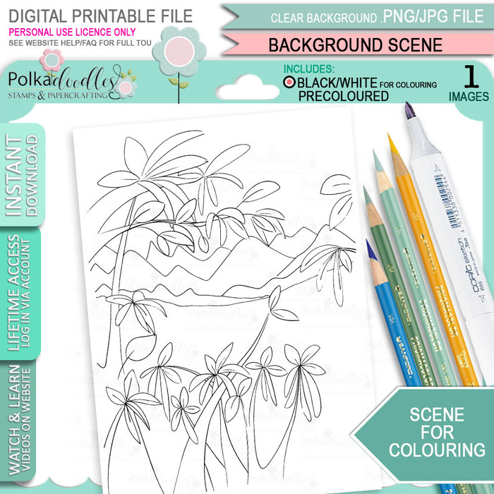 Bamboo Leaves with Mountains - Scene background for colouring. Printable craft digital stamp download