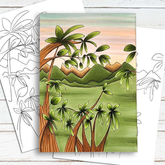 Bamboo Leaves with Mountains - Scene background for colouring. Printable craft digital stamp download
