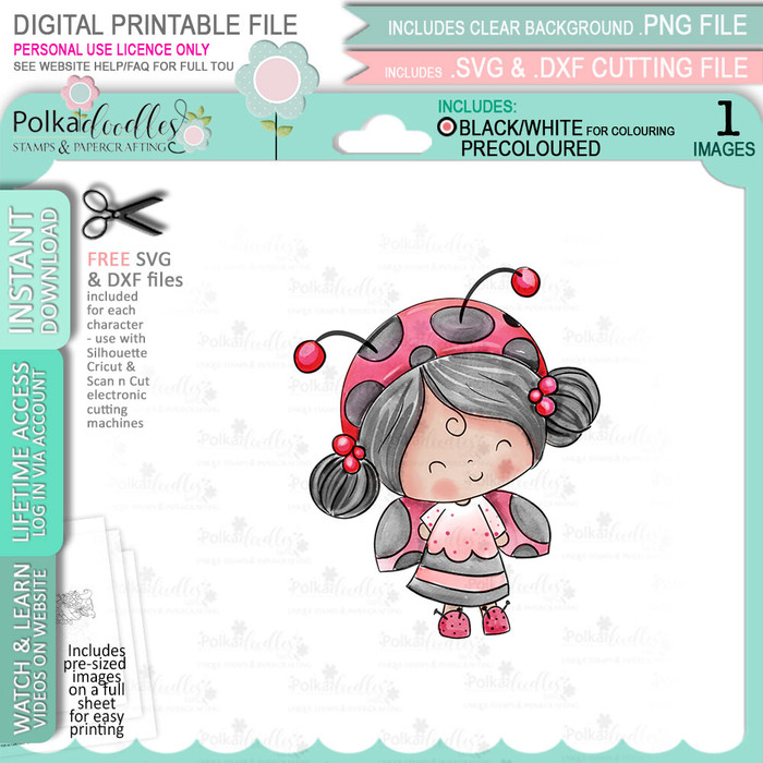 Fun Lily Ladybug Ladybird PRECOLOURED Cute digital stamp with SVG outlines for card making and crafting.