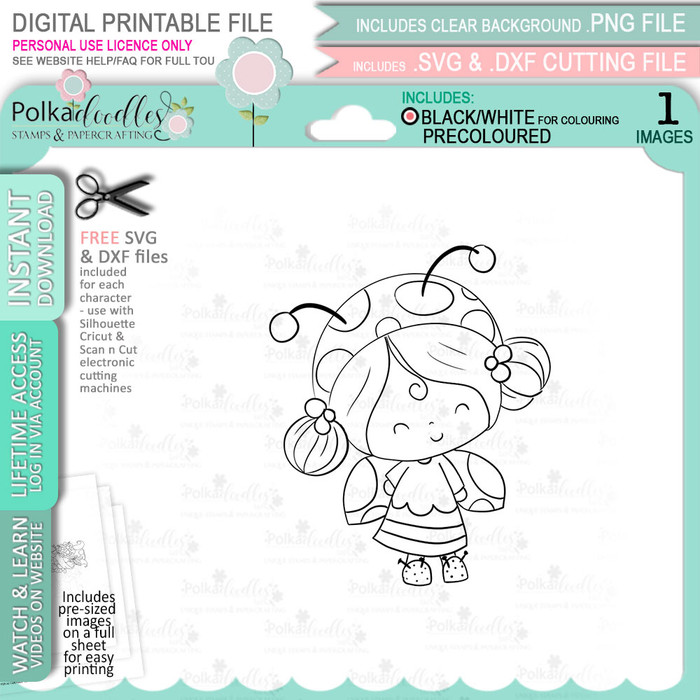Fun Lily Ladybug Ladybird Cute digital stamp with SVG outlines for card making and crafting.