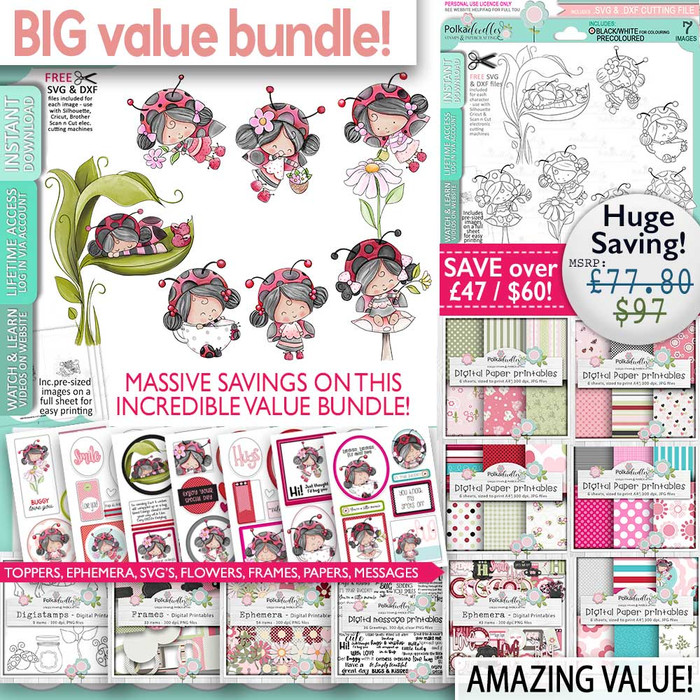 Lily Ladybug Ladybird Big Kahuna bundle - Cute digital stamp bundle with SVG outlines for card making and crafting.