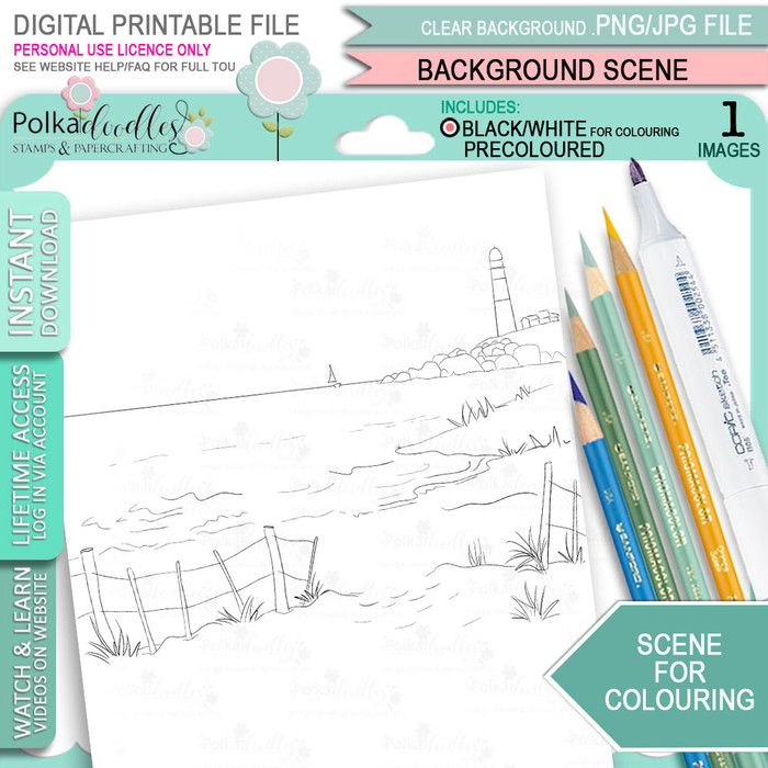 Coast Scene with sand, sea, lighthouse for colouring - Scene background for colouring. Printable craft digital stamp download