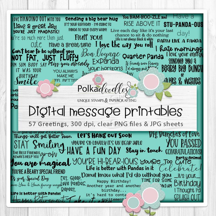 Noodle Panda bear themed messages - printable digital greetings and quotes for card making, crafts, digiscrap