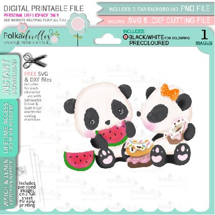 Melon and Donut snacks - Noodle Panda bear PRECOLOURED Cute printable digi stamp clipart with SVG outlines for card making, crafting, printable planner sticker
