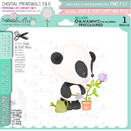 Gardening watering flowers  - Noodle Panda bear PRECOLOURED Cute printable digi stamp clipart with SVG outlines for card making, crafting, printable planner sticker