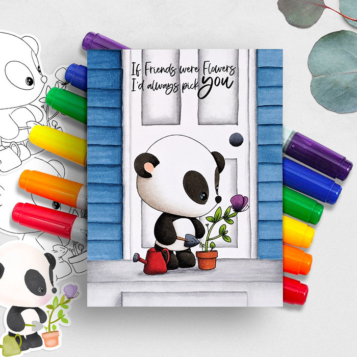 Gardening watering flowers - Noodle Panda Bear Cute printable digital stamp with SVG outlines for card making, crafting, printable planner sticker.