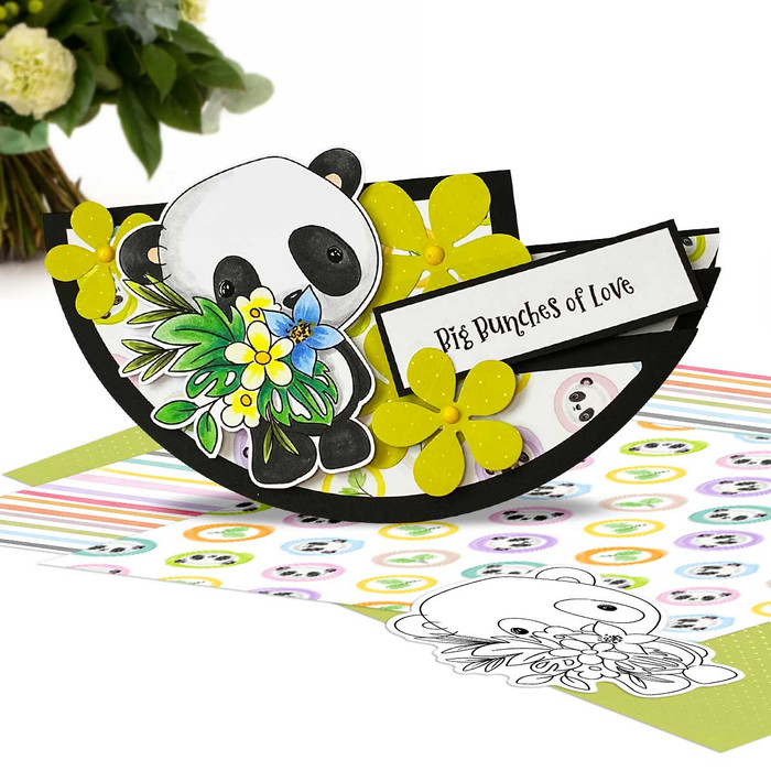 Flower Bouquet - Noodle Panda Bear Cute printable digital stamp with SVG outlines for card making, crafting, printable planner sticker.