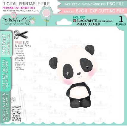 Hello - Noodle Panda bear PRECOLOURED Cute printable digi stamp clipart with SVG outlines for card making, crafting, printable planner sticker
