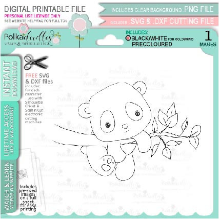 Hanging on tree branch - Noodle Panda Bear Cute printable digital stamp with SVG outlines for card making, crafting, printable planner sticker.