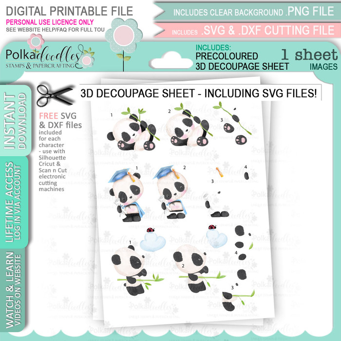 Noodle Panda bear - 3D Decoupage sheet 2 - Cute craft printables with SVG outlines for card making, crafting, printable planner sticker
