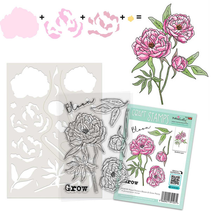 Peony Bloom and Grow Flowers clear stamps with Colour and Create Stencil