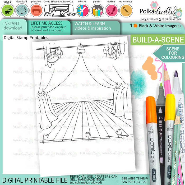 Theatre Stage Scene for colouring - digital printables for card making, crafts, digiscrap