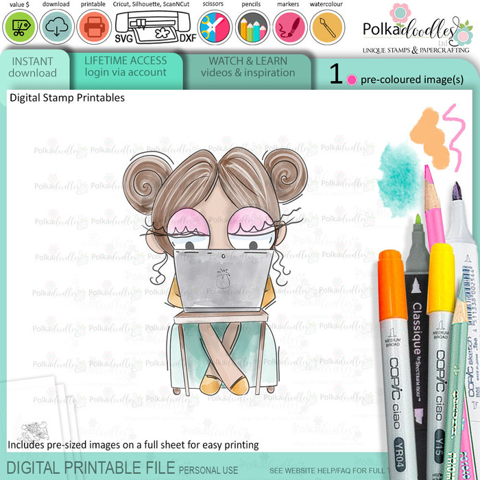 Working study computer laptop ipad phone PC technology - Wanda PRECOLOURED Cute printable digi stamp clipart with SVG outlines for card making, crafting, printable planner sticker