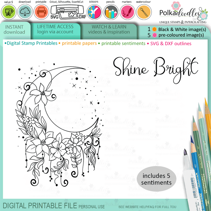 Fantasy Moon -  printable craft digital stamp download, SVG, papers, greetings
