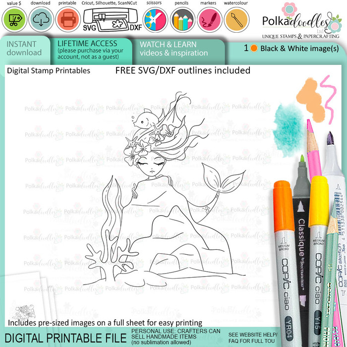 Coral Mermaid Behind the rocks - Coral Mermaid printable card making craft digital stamp with SVG outline