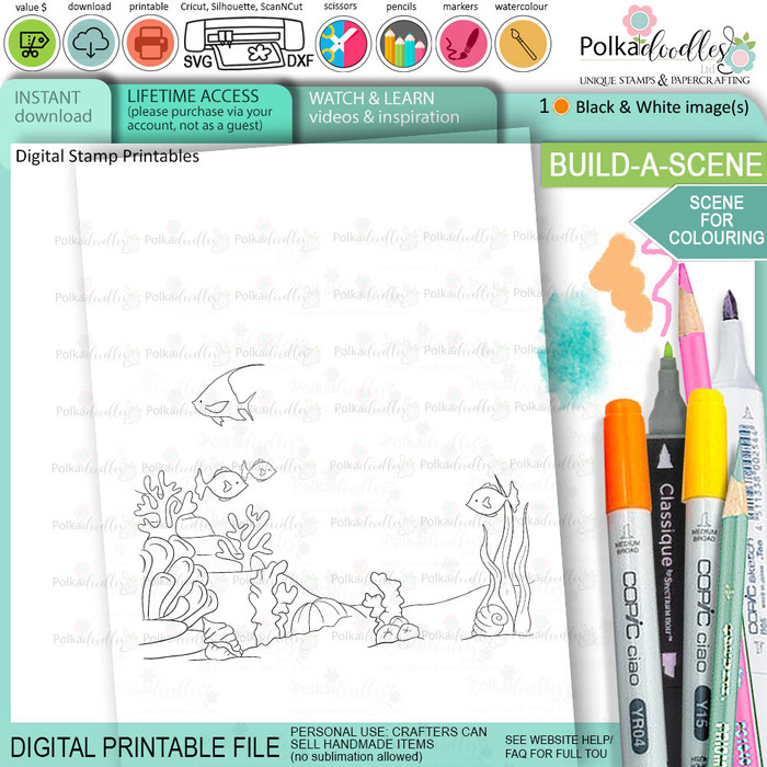 Fish ocean sea underwater colouring scene printable coloring page- card making craft