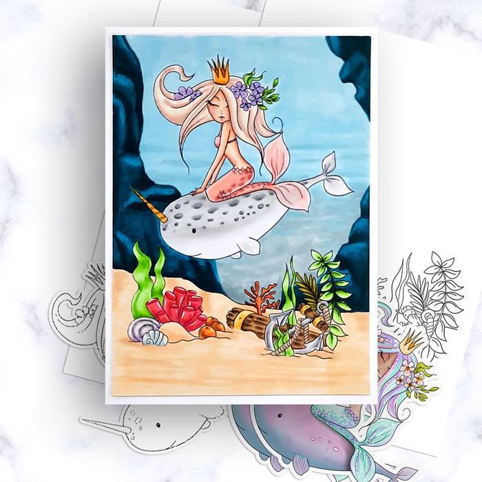 Narwhal whale - Coral Mermaid printable card making craft digital stamp with SVG outline