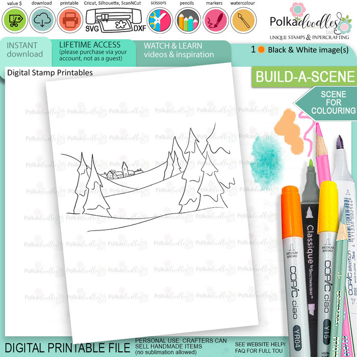 Colouring scene 2 Christmas printable craft card making coloring page