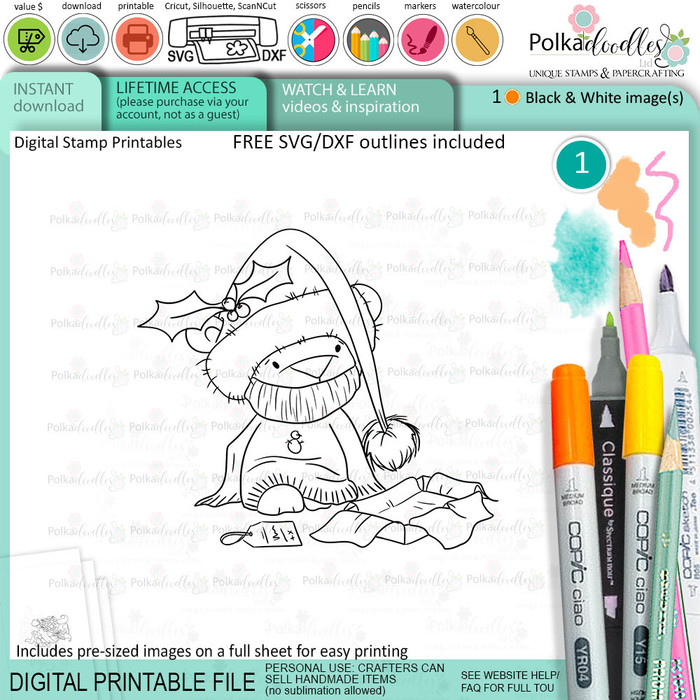 Sweater Bella Christmas bear - printable stamp craft card making digital stamp download