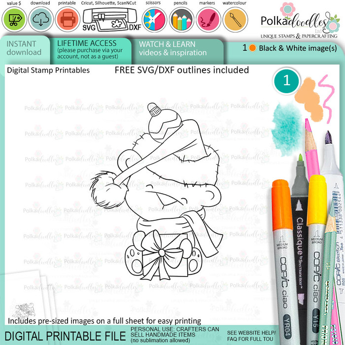 Bauble hat Bella Christmas bear - printable stamp craft card making digital stamp download