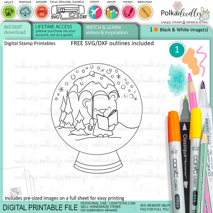 Snow globe carol singing Bella Christmas bear - printable stamp craft card making digital stamp download