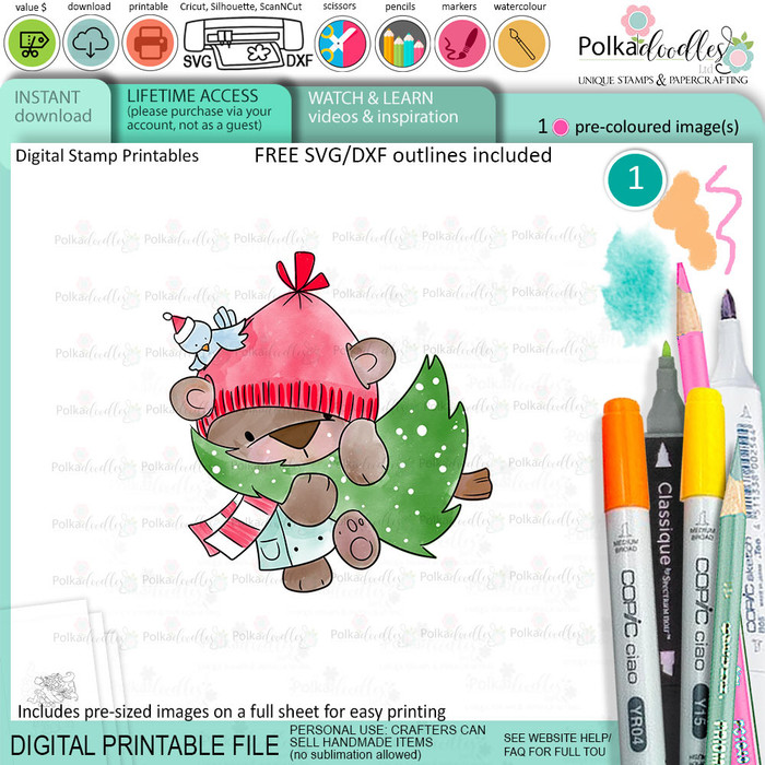 Christmas tree Bella Christmas bear - colour clipart printable stamp craft card making digital stamp download