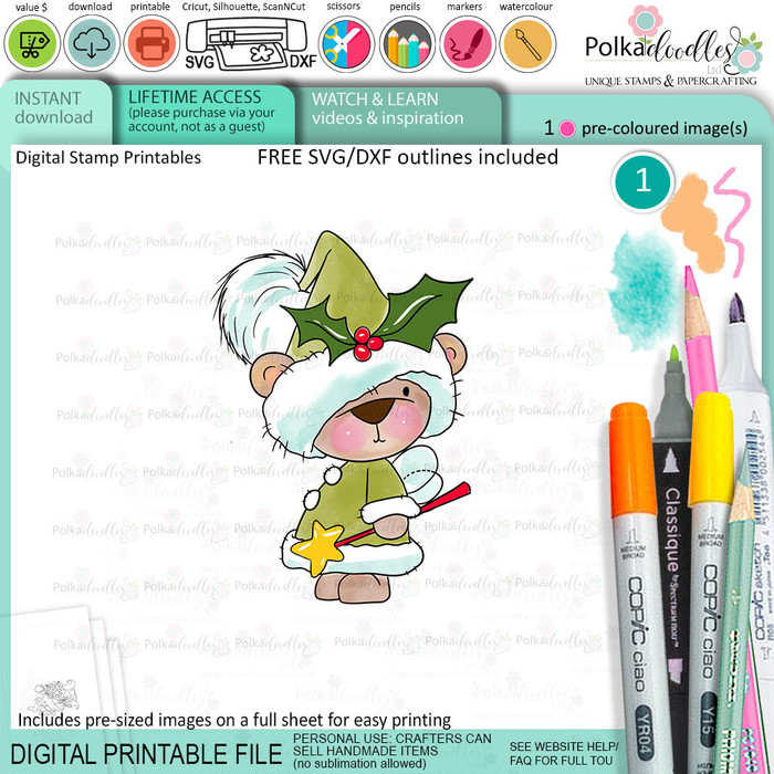 Fairy Bella Christmas bear - colour clipart printable stamp craft card making digital stamp download