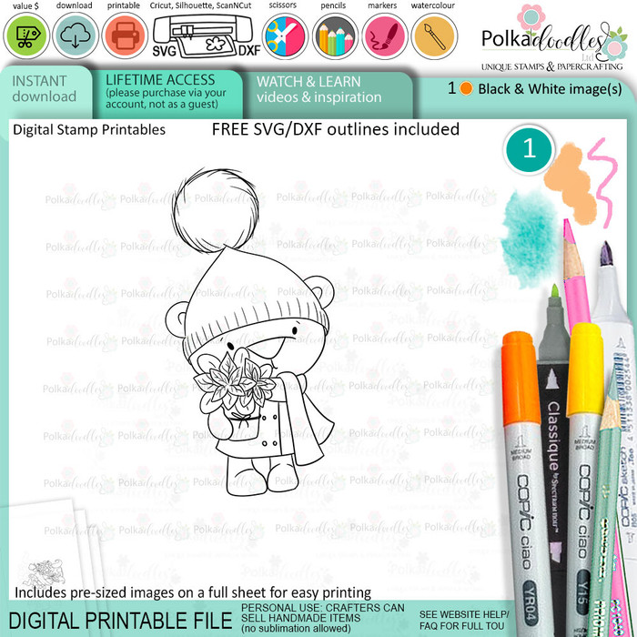Poinsettia flowers Bella Christmas bear - printable stamp craft card making digital stamp download