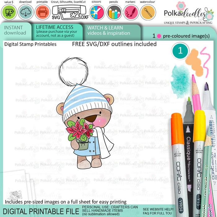 Poinsettia flowers Bella Christmas bear - colour clipart printable stamp craft card making digital stamp download.