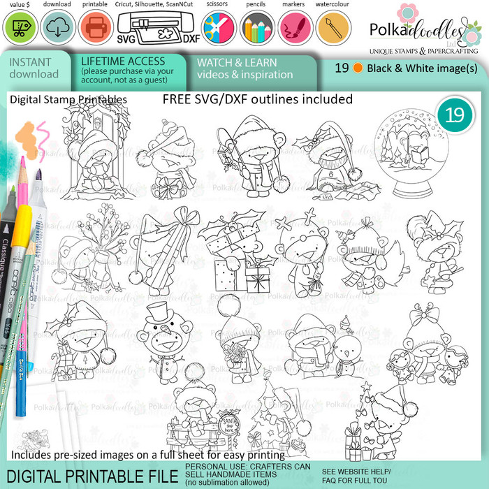Christmas bear - 19 printable stamp clipart craft card making digital stamp downloads