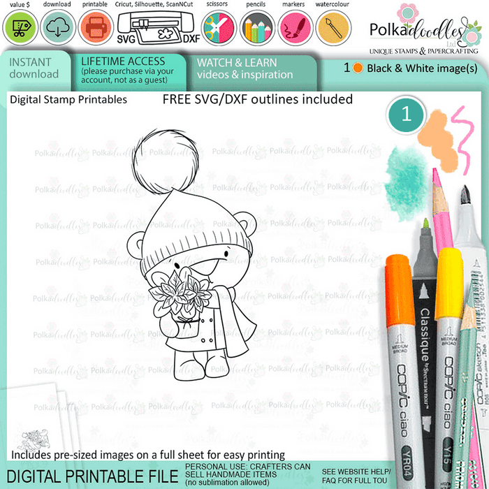 Christmas bear - 19 printable stamp clipart craft card making digital stamp downloads