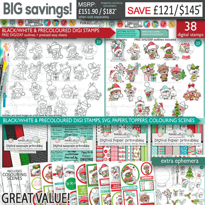Christmas bear big kahuna value bundle - printable stamp clipart craft card making digital stamp downloads