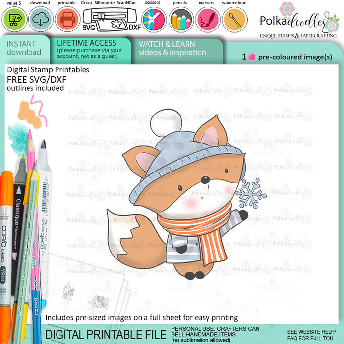 Snowflake Autumn Fall Fox - colour clipart printable stamp craft card making digital stamp download