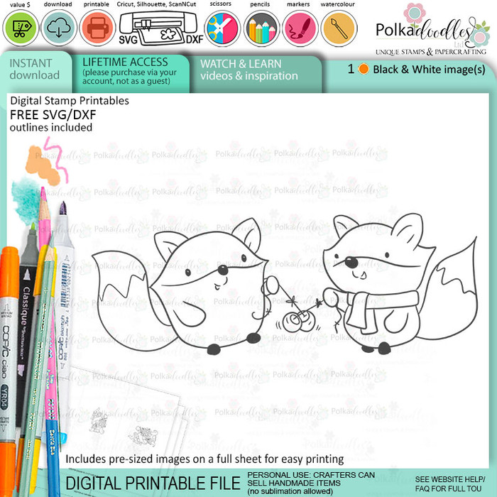 Playing Conkers Autumn Fall Fox - printable stamp craft card making digital stamp download