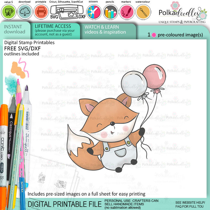 Birthday Balloons Autumn Fall Fox - colour clipart printable stamp craft card making digital stamp download