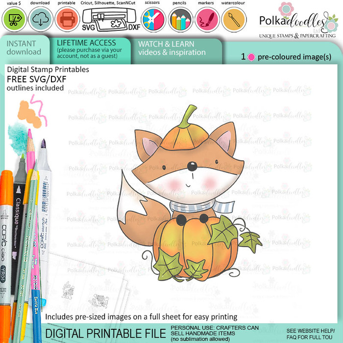 Pumpkin Autumn Fall Fox - colour clipart printable stamp craft card making digital stamp download
