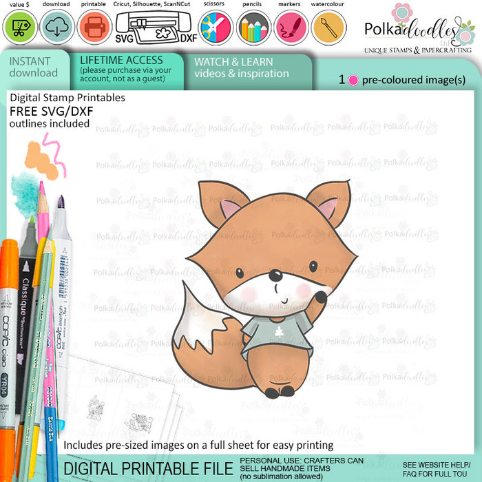 Hello cute Autumn Fall Fox - colour clipart printable stamp craft card making digital stamp download