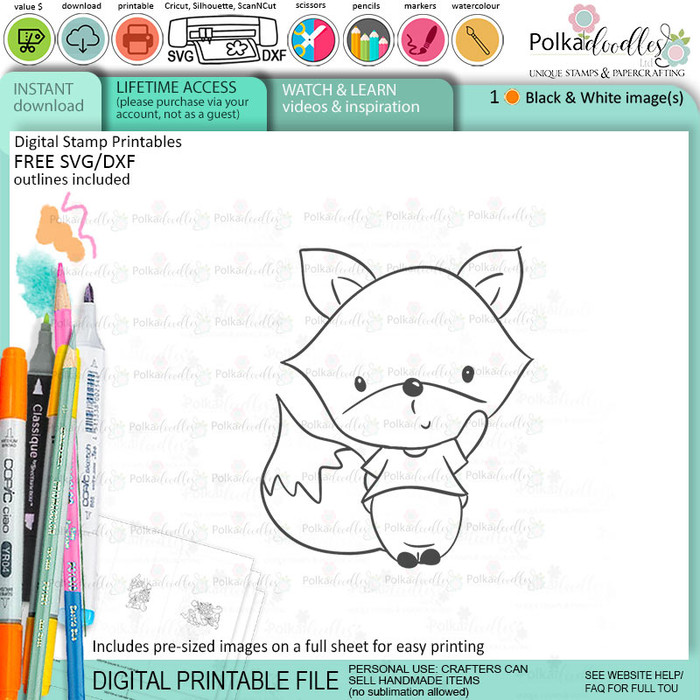 Hello cute Autumn Fall Fox - printable stamp craft card making digital stamp download