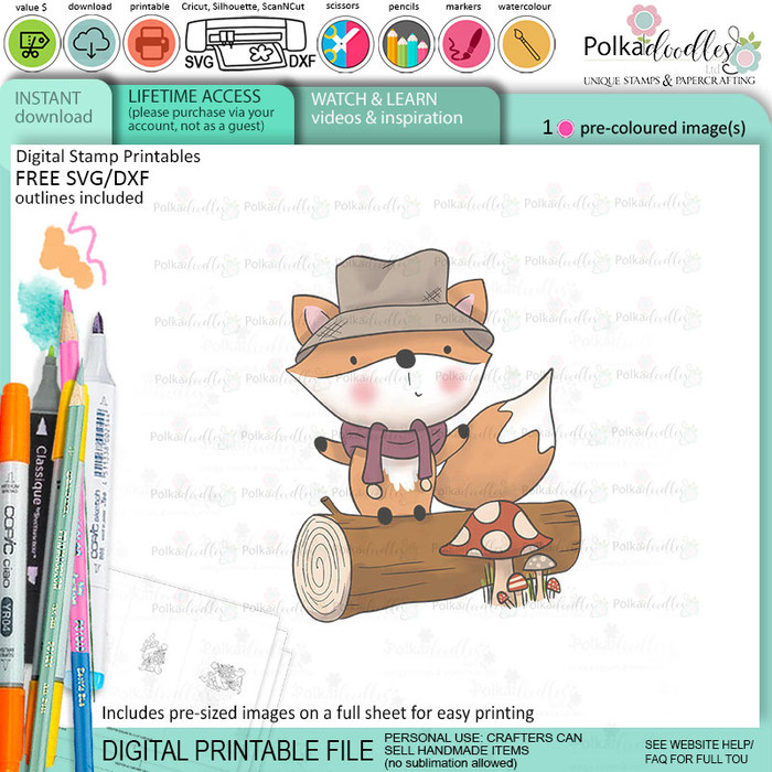Toadstool woodland log Autumn Fall Fox - colour clipart printable stamp craft card making digital stamp download