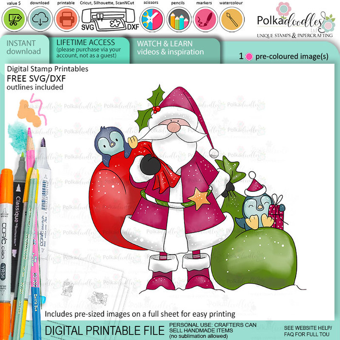 Santa - Christmas cute colour clipart printable digital stamp for card making, craft, scrapbooking, printable stickers