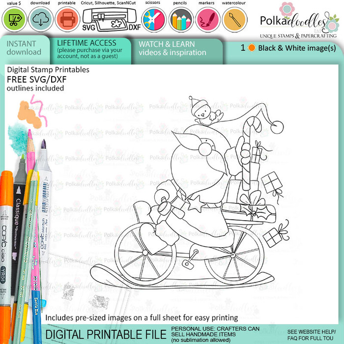 Santa bicycle - Christmas cute printable digital stamp for card making, craft, scrapbooking, printable stickers