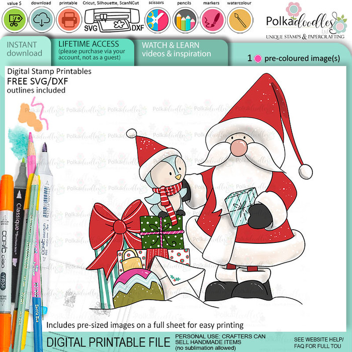 Santa penguin gifts - Christmas cute colour clipart printable digital stamp for card making, craft, scrapbooking, printable stickers