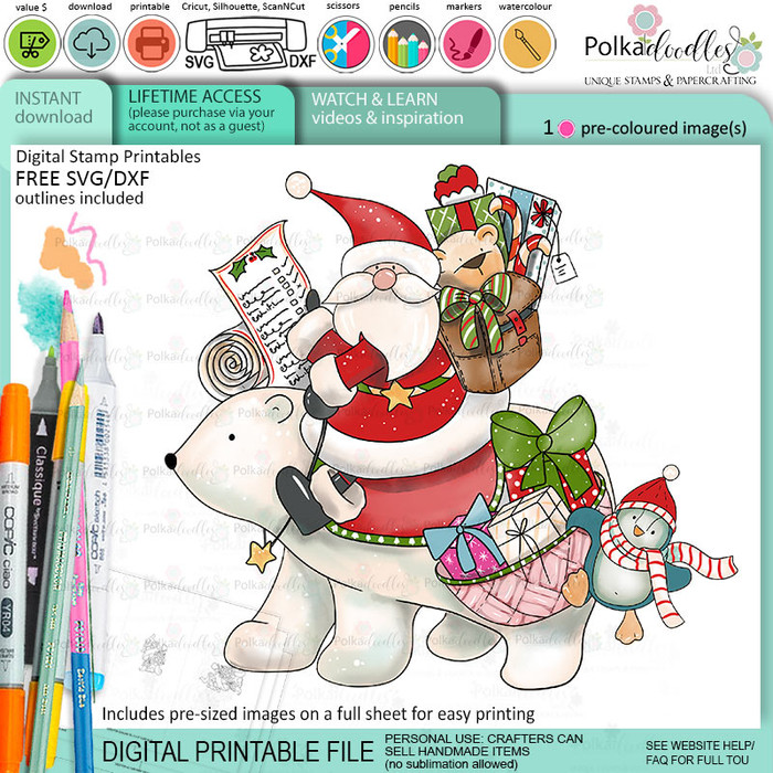 Santa polar bear - Christmas cute colour clipart printable digital stamp for card making, craft, scrapbooking, printable stickers