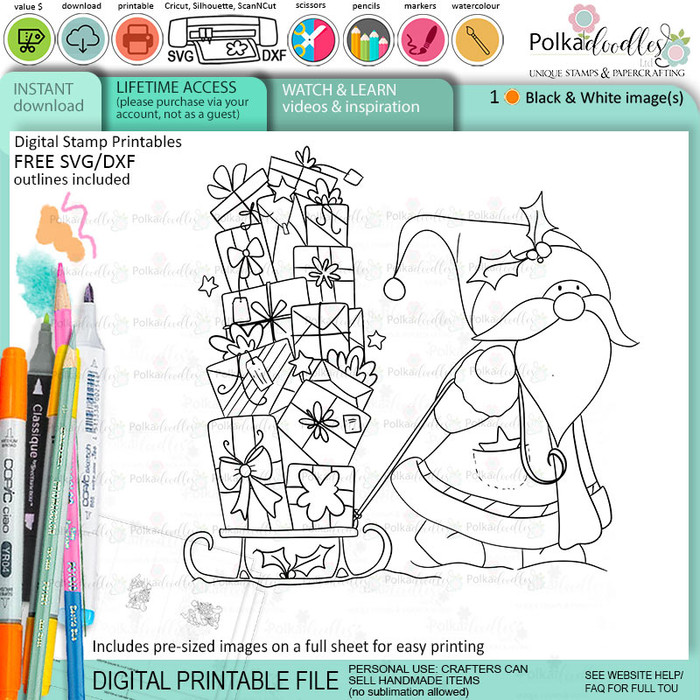Santa Sleigh - Christmas cute printable digital stamp for card making, craft, scrapbooking, printable stickers