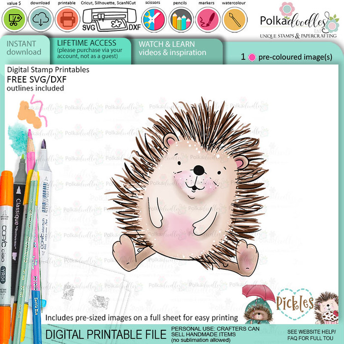 Pickles Hedgehog sitting - Christmas cute colour clipart printable digital stamp for card making, craft, scrapbooking, printable stickers